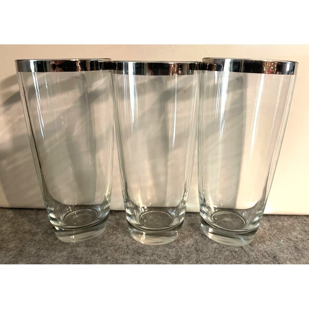 3 Silver Rimmed MCM 6 1/4 Inch Tumblers # 1898